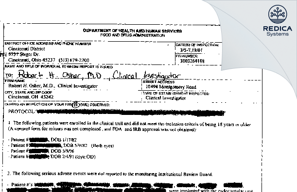 FDA 483 - Robert Osher MD [Cincinnati / United States of America] - Download PDF - Redica Systems