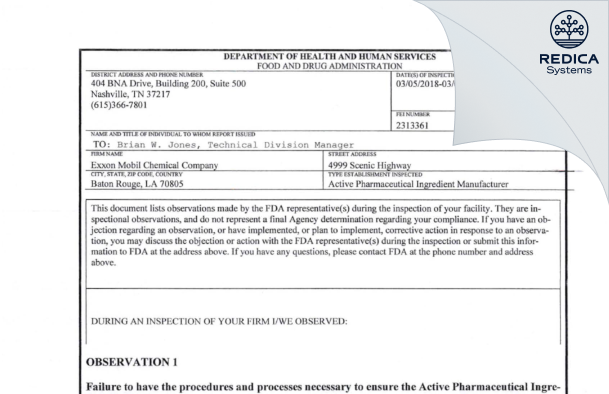 FDA 483 - Exxonmobil Product Solutions Company [Baton Rouge / United States of America] - Download PDF - Redica Systems