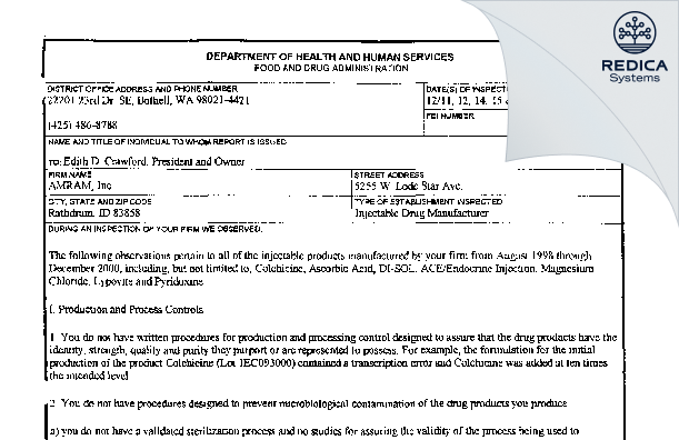 FDA 483 - Amram Inc. [Rathdrum / United States of America] - Download PDF - Redica Systems