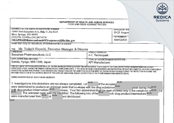 FDA 483 - Sucampo Pharma, LLC [Hyogo / Japan] - Download PDF - Redica Systems