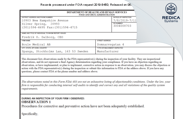 FDA 483 - Boule Medical AB [Spanga / Sweden] - Download PDF - Redica Systems