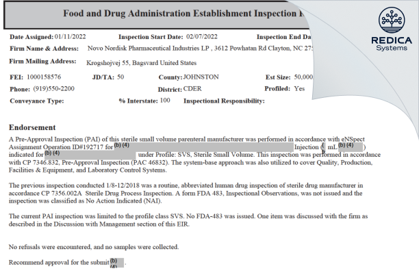 EIR - Novo Nordisk Pharmaceutical Industries, LP [Clayton North Carolina / United States of America] - Download PDF - Redica Systems