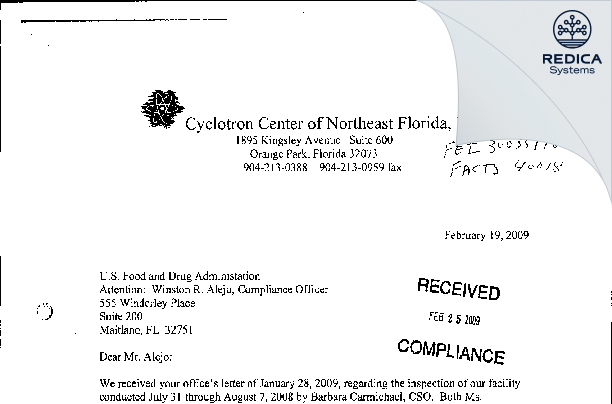 FDA 483 Response - Cyclotron Center of NE Florida [Orange Park / United States of America] - Download PDF - Redica Systems