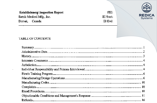 EIR - Batrik Medical Mfg., Inc. [Dorval / Canada] - Download PDF - Redica Systems