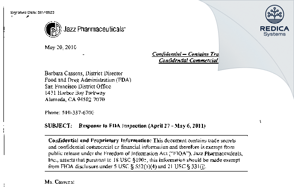 FDA 483 - Jazz Pharmaceuticals, Inc [Palo Alto / United States of America] - Download PDF - Redica Systems