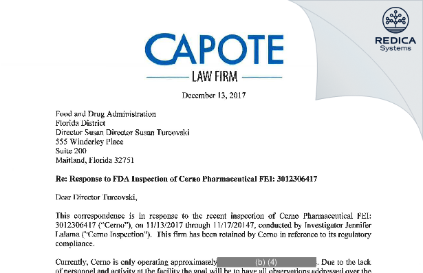 FDA 483 Response - Cerno Pharmaceutical [Miami / United States of America] - Download PDF - Redica Systems