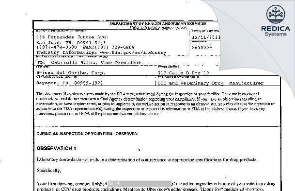 FDA 483 - Brisas del Caribe Corp. [Rico / United States of America] - Download PDF - Redica Systems
