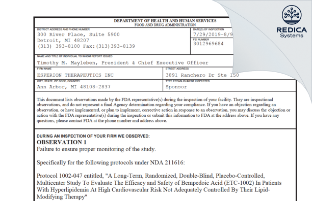 FDA 483 - Esperion [Ann Arbor / United States of America] - Download PDF - Redica Systems