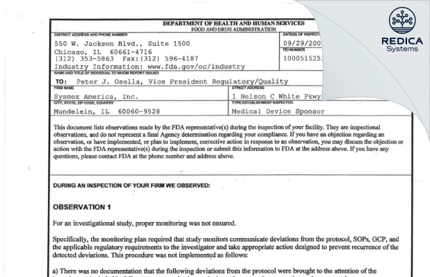 FDA 483 - Sysmex America, Inc. [Mundelein / United States of America] - Download PDF - Redica Systems