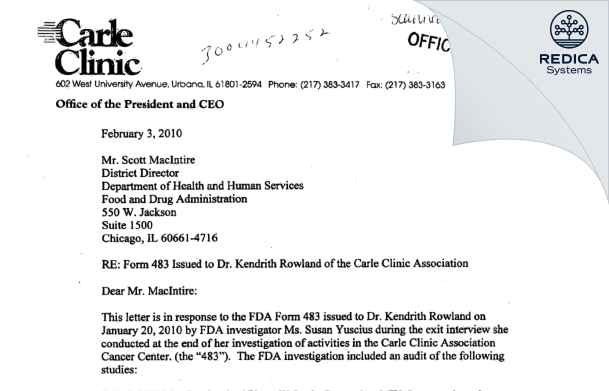 FDA 483 Response - Rowland, Kendrith, MD [Urbana / United States of America] - Download PDF - Redica Systems