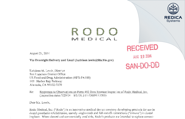 FDA 483 Response - Rodo Medical, Inc. [San Jose / United States of America] - Download PDF - Redica Systems