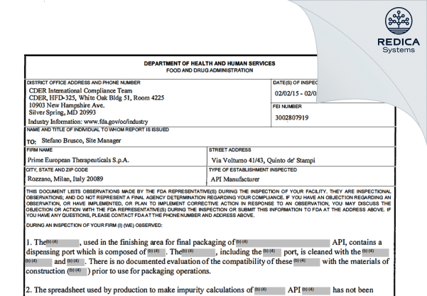 FDA 483 - Curia Italy S.r.l. [Italy / Italy] - Download PDF - Redica Systems
