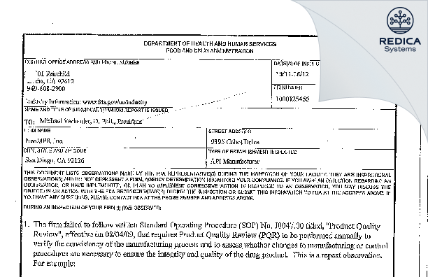 FDA 483 - PolyPeptide Laboratories San Diego LLC [San Diego / United States of America] - Download PDF - Redica Systems