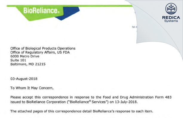 FDA 483 Response - Bioreliance Corporation [Rockville / United States of America] - Download PDF - Redica Systems