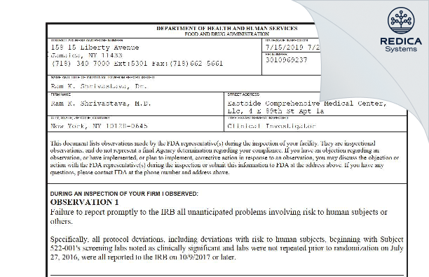 FDA 483 - Ram K. Shrivastava, M.D. [New York / United States of America] - Download PDF - Redica Systems