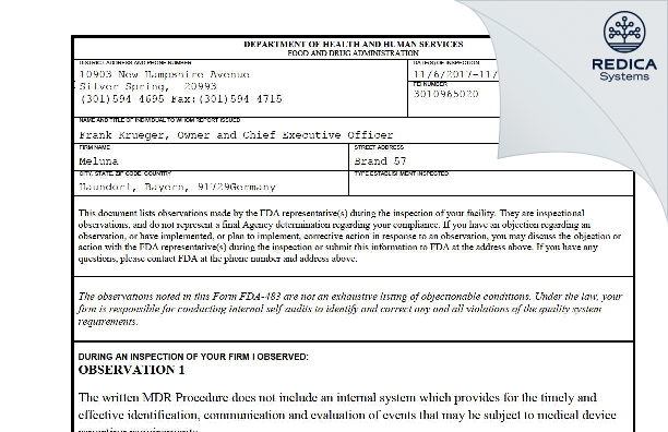 FDA 483 - Meluna [Haundorf / Germany] - Download PDF - Redica Systems