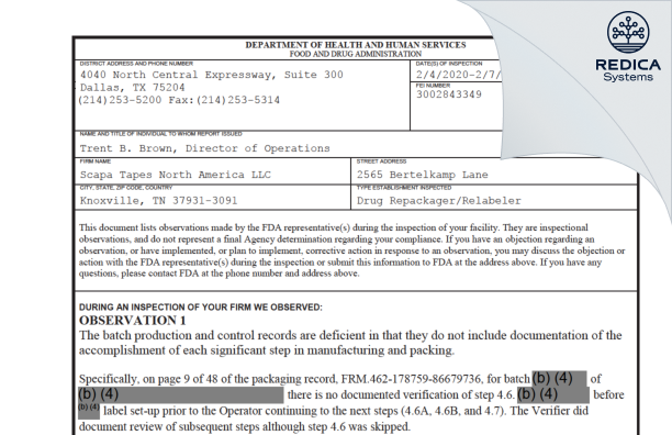 FDA 483 - Scapa Tapes North America Llc [Knoxville / United States of America] - Download PDF - Redica Systems