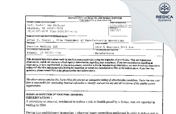 FDA 483 - Sunrise Medical (US) LLC [Fresno / United States of America] - Download PDF - Redica Systems