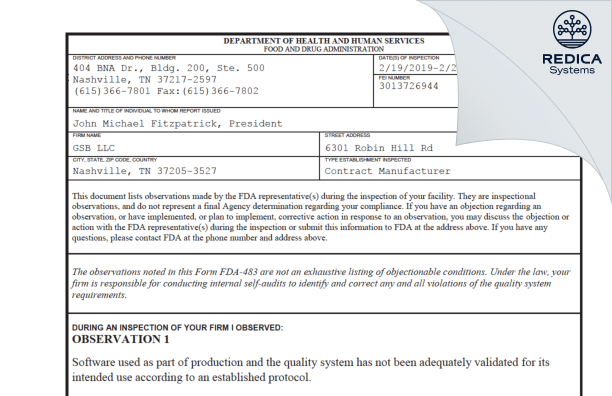 FDA 483 - GSB LLC [Nashville / United States of America] - Download PDF - Redica Systems