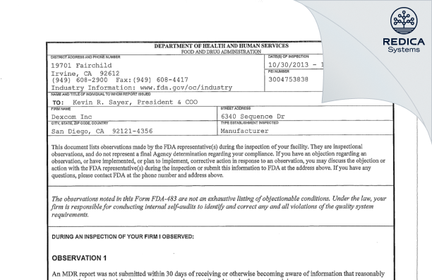 FDA 483 - Dexcom, Inc. [San Diego / United States of America] - Download PDF - Redica Systems