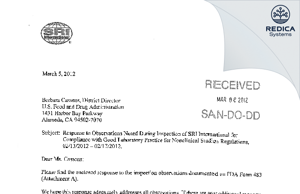 FDA 483 Response - SRI International [Menlo Park / United States of America] - Download PDF - Redica Systems