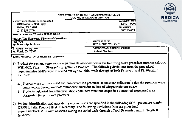 FDA 483 - Sterigenics U.S., LLC [Fort Worth / United States of America] - Download PDF - Redica Systems