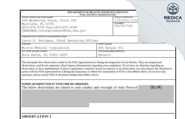 FDA 483 - Micron Medical Corporation [Boca Raton / United States of America] - Download PDF - Redica Systems