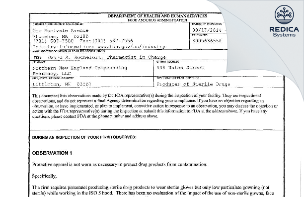 FDA 483 - Northern New England Compounding Pharmacy LLC [Littleton / United States of America] - Download PDF - Redica Systems