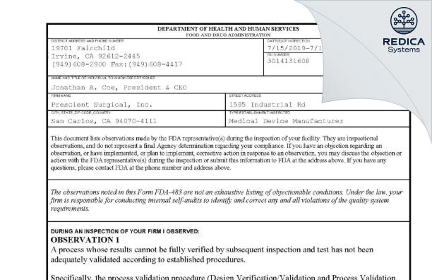 FDA 483 - Prescient Surgical, Inc. [San Carlos / United States of America] - Download PDF - Redica Systems