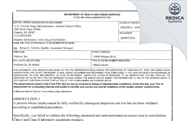 FDA 483 - Helmer, Inc. [Noblesville / United States of America] - Download PDF - Redica Systems