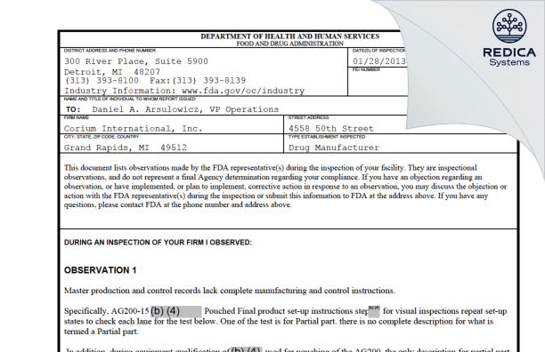 FDA 483 - Corium Innovations, Inc. [Grand Rapids / United States of America] - Download PDF - Redica Systems