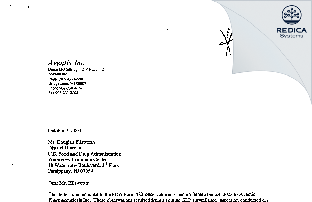 FDA 483 Response - Sanofi-Aventis U.S. LLC [Bridgewater / United States of America] - Download PDF - Redica Systems