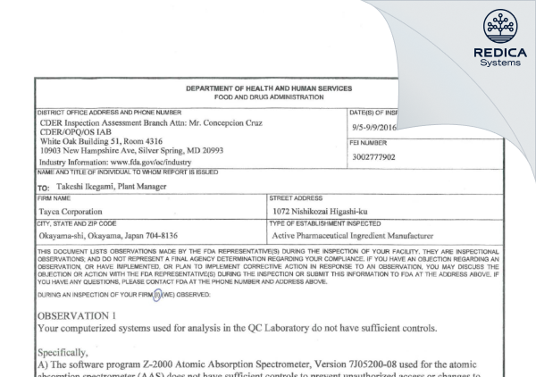 FDA 483 - TAYCA CORPORATION [- / Japan] - Download PDF - Redica Systems