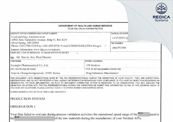 FDA 483 - Kyongbo Pharmaceutical Co., Ltd. [- / Korea (Republic of)] - Download PDF - Redica Systems