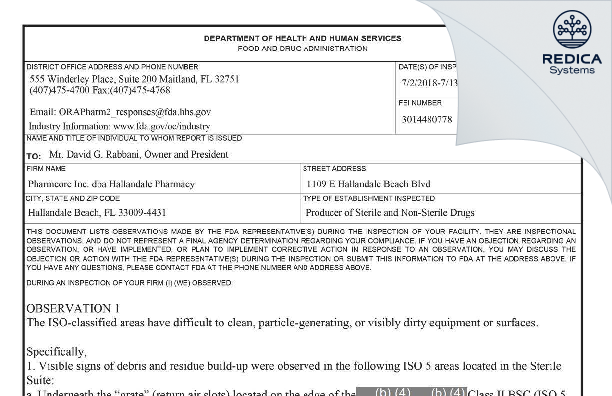 FDA 483 - Pharmcore Inc. dba Hallandale Pharmacy [Fort Lauderdale / United States of America] - Download PDF - Redica Systems