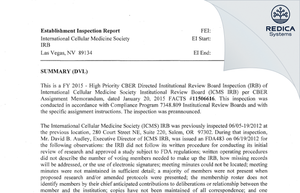 EIR - International Cellular Medicine Society IRB [Las Vegas / United States of America] - Download PDF - Redica Systems
