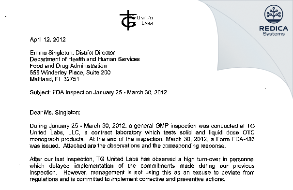 FDA 483 Response - TG United Labs, LLC [Brooksville / United States of America] - Download PDF - Redica Systems