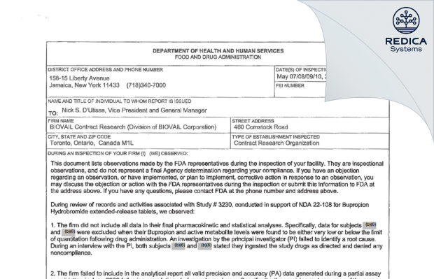 FDA 483 - Biovail Contract Research [Toronto / Canada] - Download PDF - Redica Systems