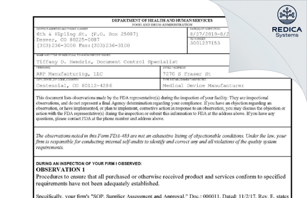 FDA 483 - ARP Manufacturing, LLC [Centennial / United States of America] - Download PDF - Redica Systems