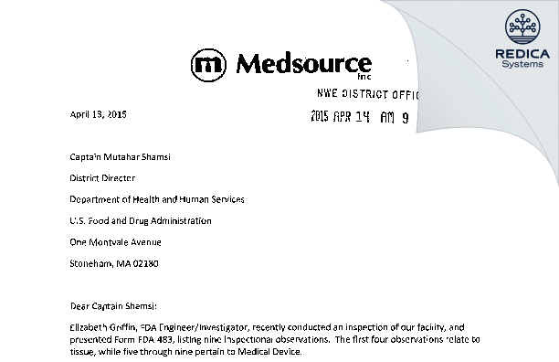 FDA 483 Response - Medsource, Inc. [Tiverton / United States of America] - Download PDF - Redica Systems