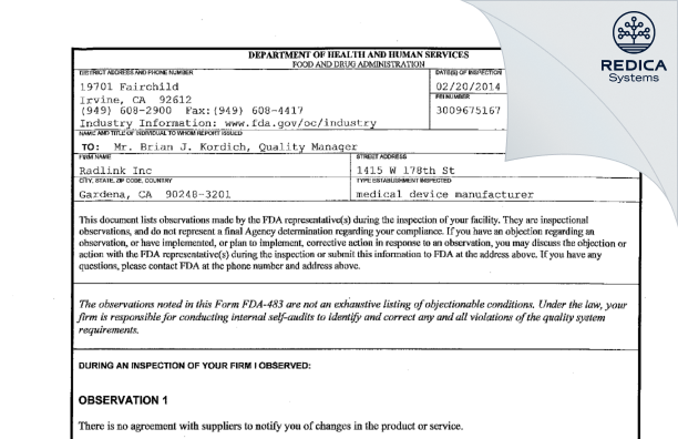 FDA 483 - Radlink Inc [Gardena / United States of America] - Download PDF - Redica Systems
