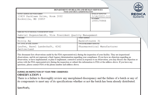 FDA 483 - Ricola Ag [Laufen / Switzerland] - Download PDF - Redica Systems