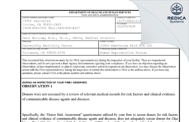 FDA 483 - University Fertility Laboratory, Inc. [Torrance / United States of America] - Download PDF - Redica Systems