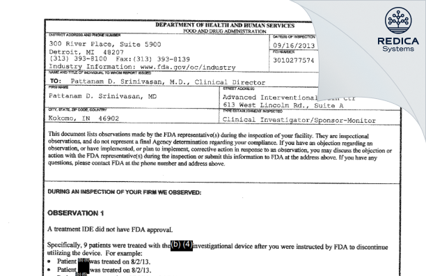FDA 483 - Pattanam D. Srinivasan, MD [Kokomo / United States of America] - Download PDF - Redica Systems