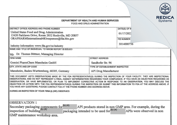 FDA 483 - Gemini PharmChem Mannheim GmbH [Mannheim / Germany] - Download PDF - Redica Systems