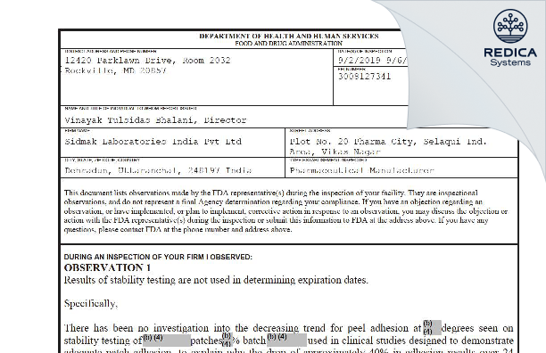 FDA 483 - Sidmak Laboratories (India) Pvt.Ltd. [India / India] - Download PDF - Redica Systems