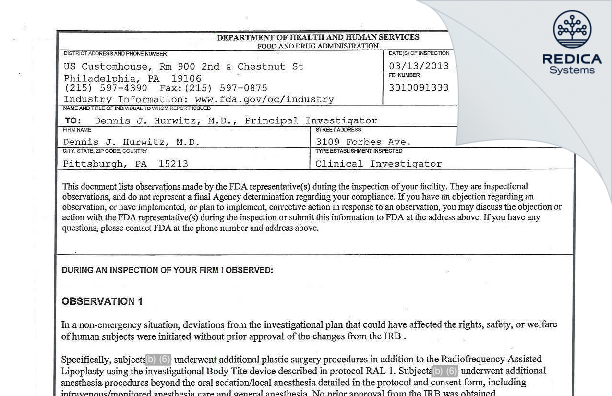 FDA 483 - Dennis J. Hurwitz, M.D. [Pittsburgh / United States of America] - Download PDF - Redica Systems