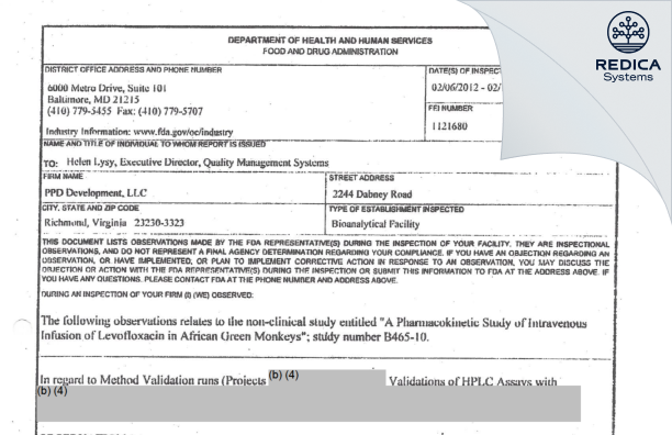 FDA 483 - PPD Development, L.P. [Virginia / United States of America] - Download PDF - Redica Systems