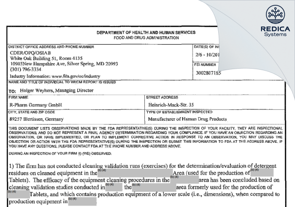 FDA 483 - R-Pharm Germany GmbH [Illertissen / Germany] - Download PDF - Redica Systems