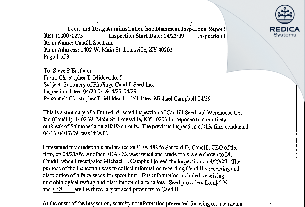 EIR - Caudill Sprouting LLC. [Louisville / United States of America] - Download PDF - Redica Systems